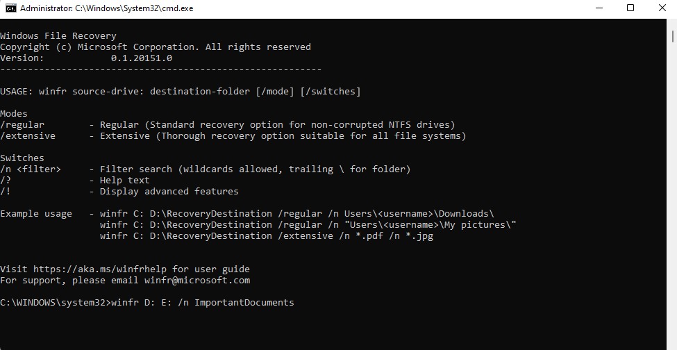 het winfr commando gebruiken
