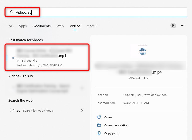 Search using the File Explorer Another way to search video files when they haven't actually been deleted is from the File Explorer. Launch the File Explorer by pressing Win + E, select Computer from the left sidebar, and enter the name of the video file in the search bar at the top.