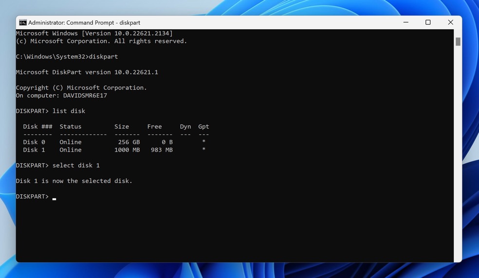 diskpart select disk