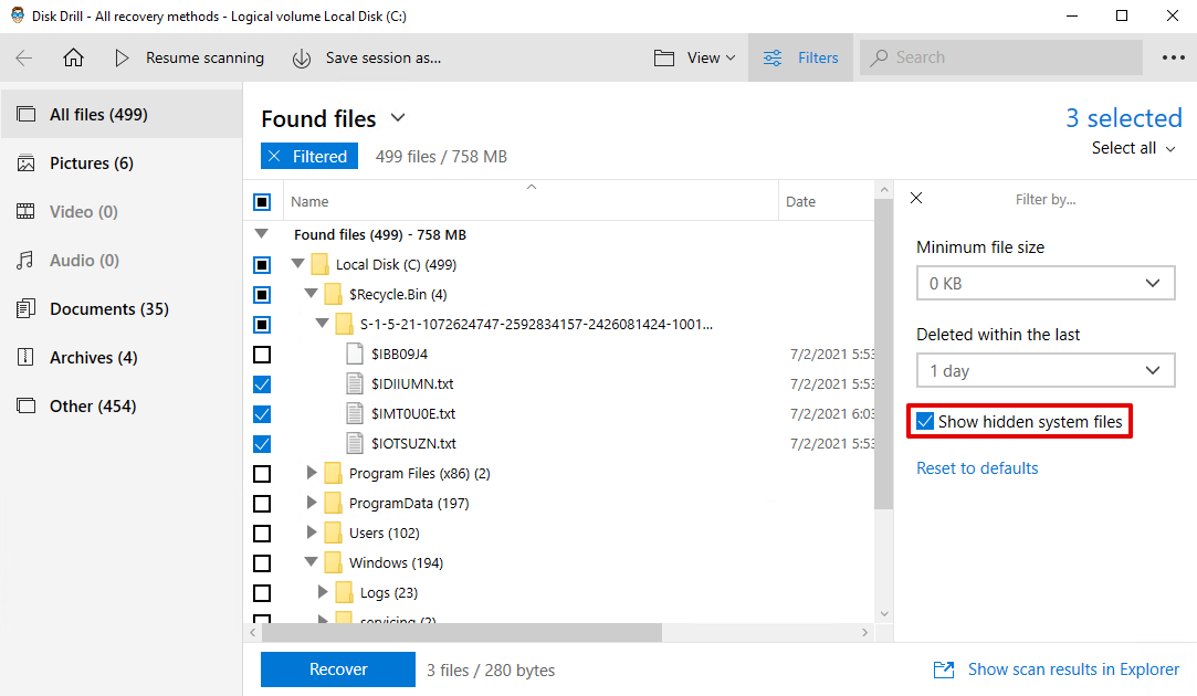 Show hidden system files