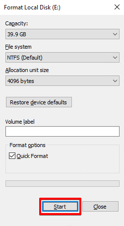 포맷 대화 상자 화면.