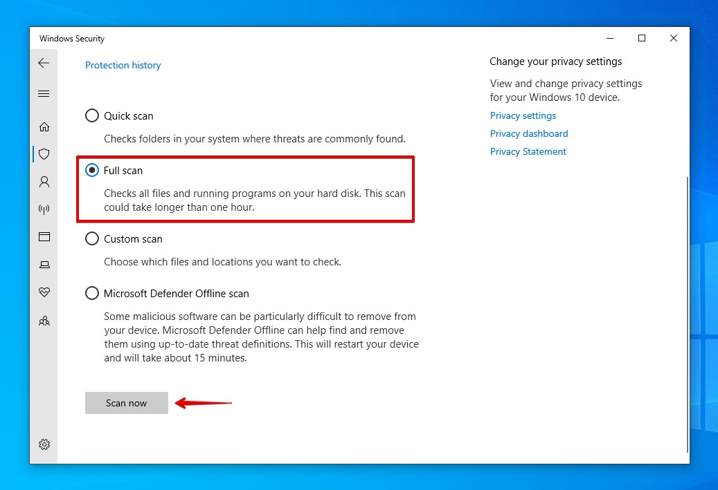 Performing a full scan for malware
