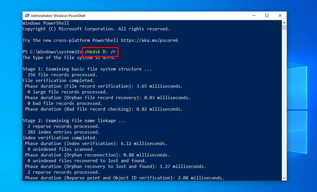 Running the CheckDisk command.
