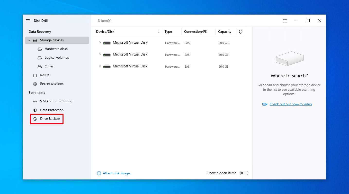 Accessing the Drive Backup feature.
