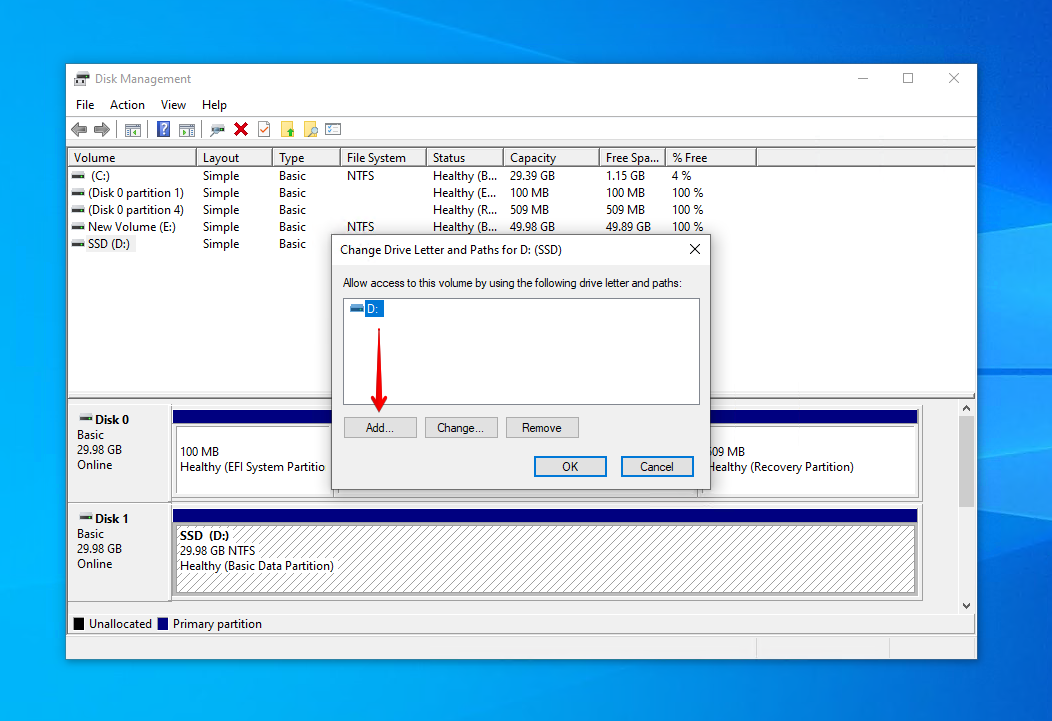 기존 드라이브 문자 변경.