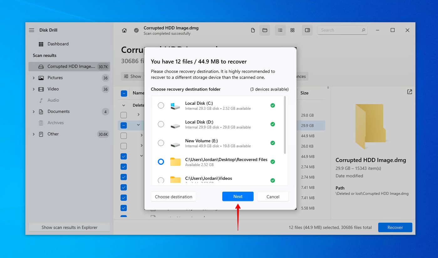إكمال الاسترداد باستخدام Disk Drill.