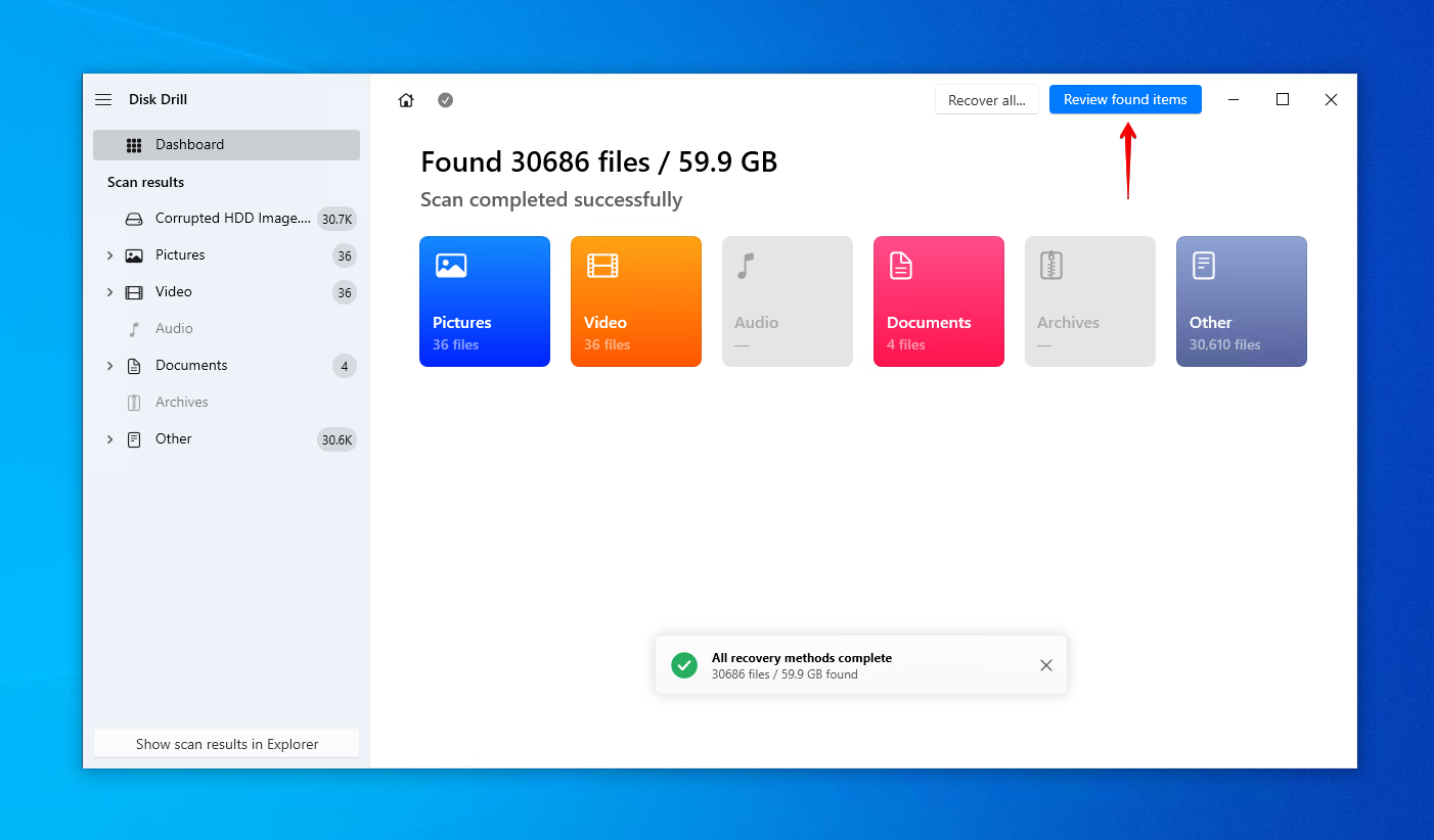 مراجعة ما وجده Disk Drill.