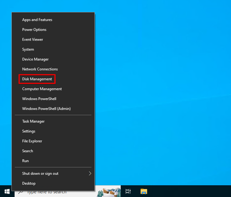 Apertura di Gestione disco su Windows 10.