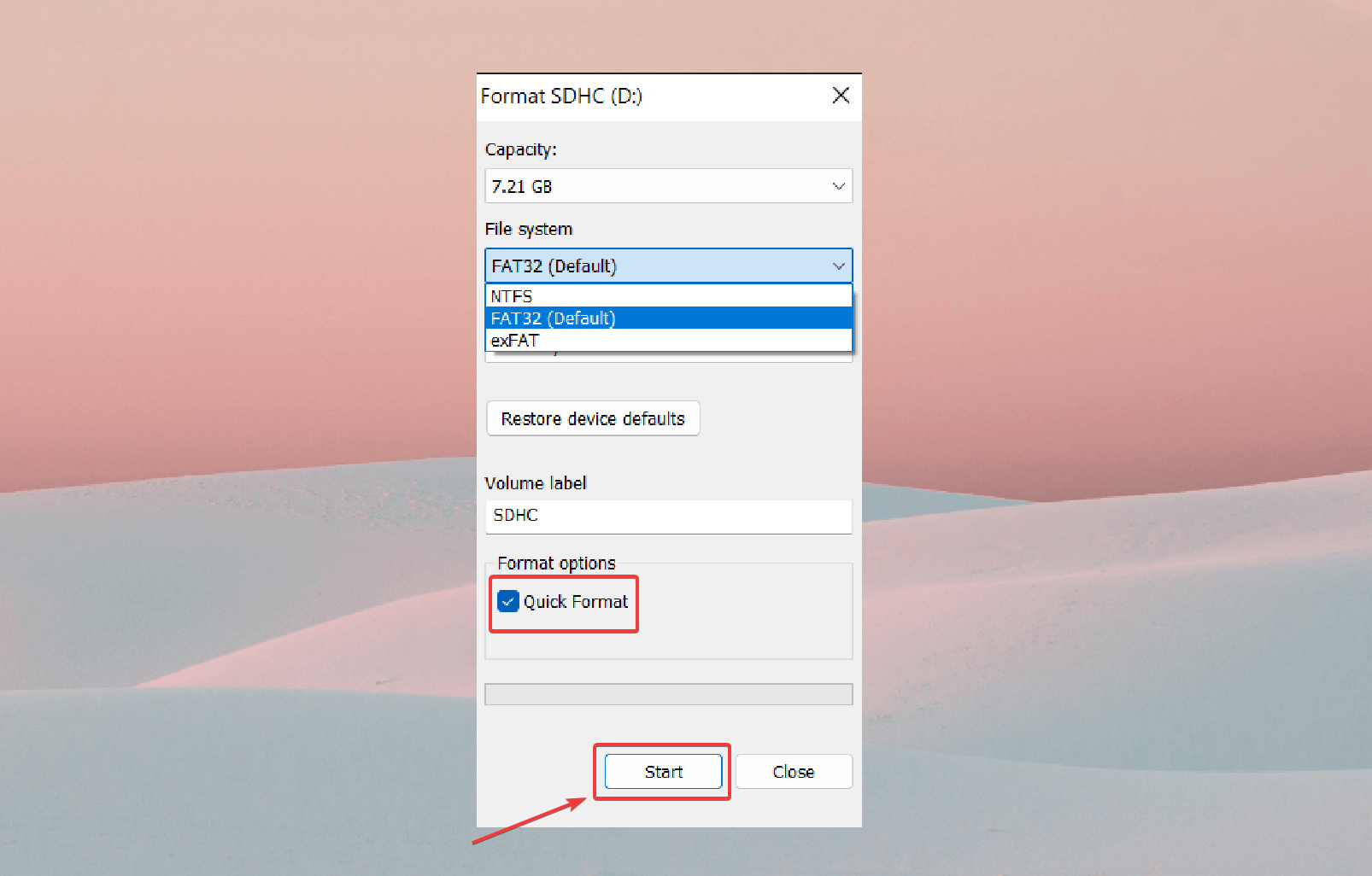 utfører en hurtigformatering på sd-kort