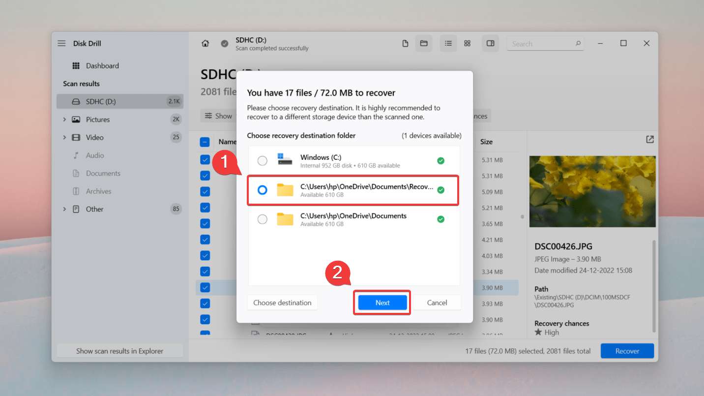 velge destinasjon for datarekonstruksjon