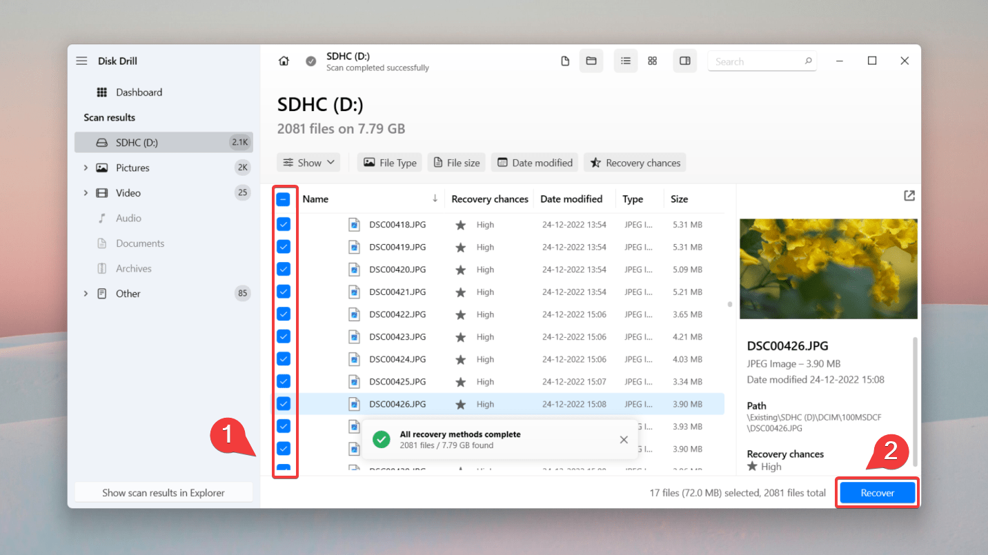 velge filer for datarekonstruksjon
