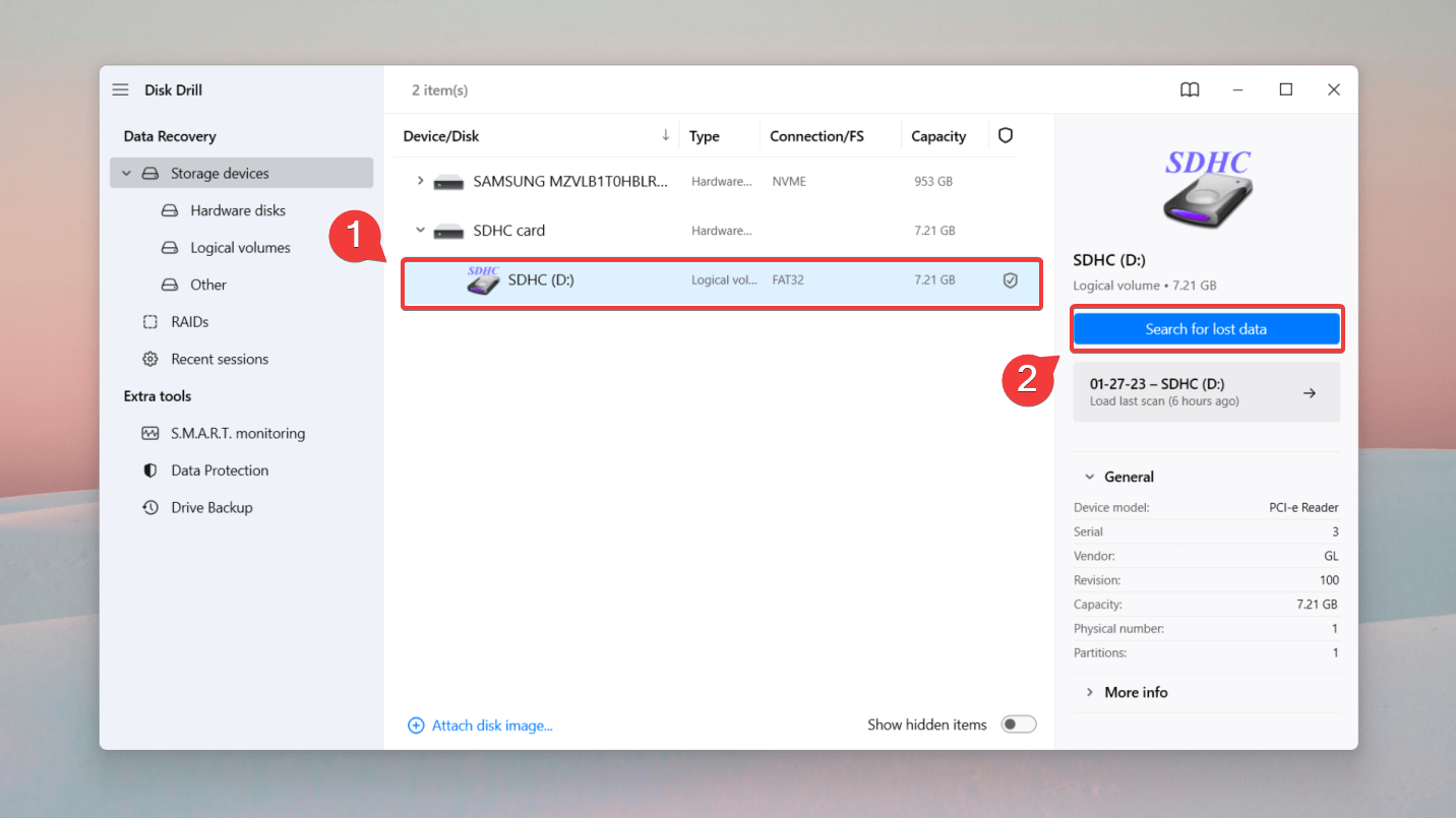 velge sd-kort på disk drill