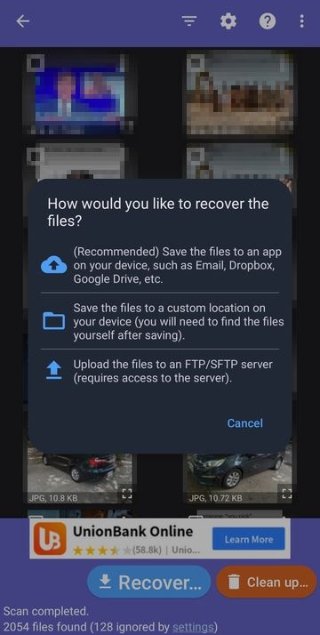 خيارات استعادة diskdigger
