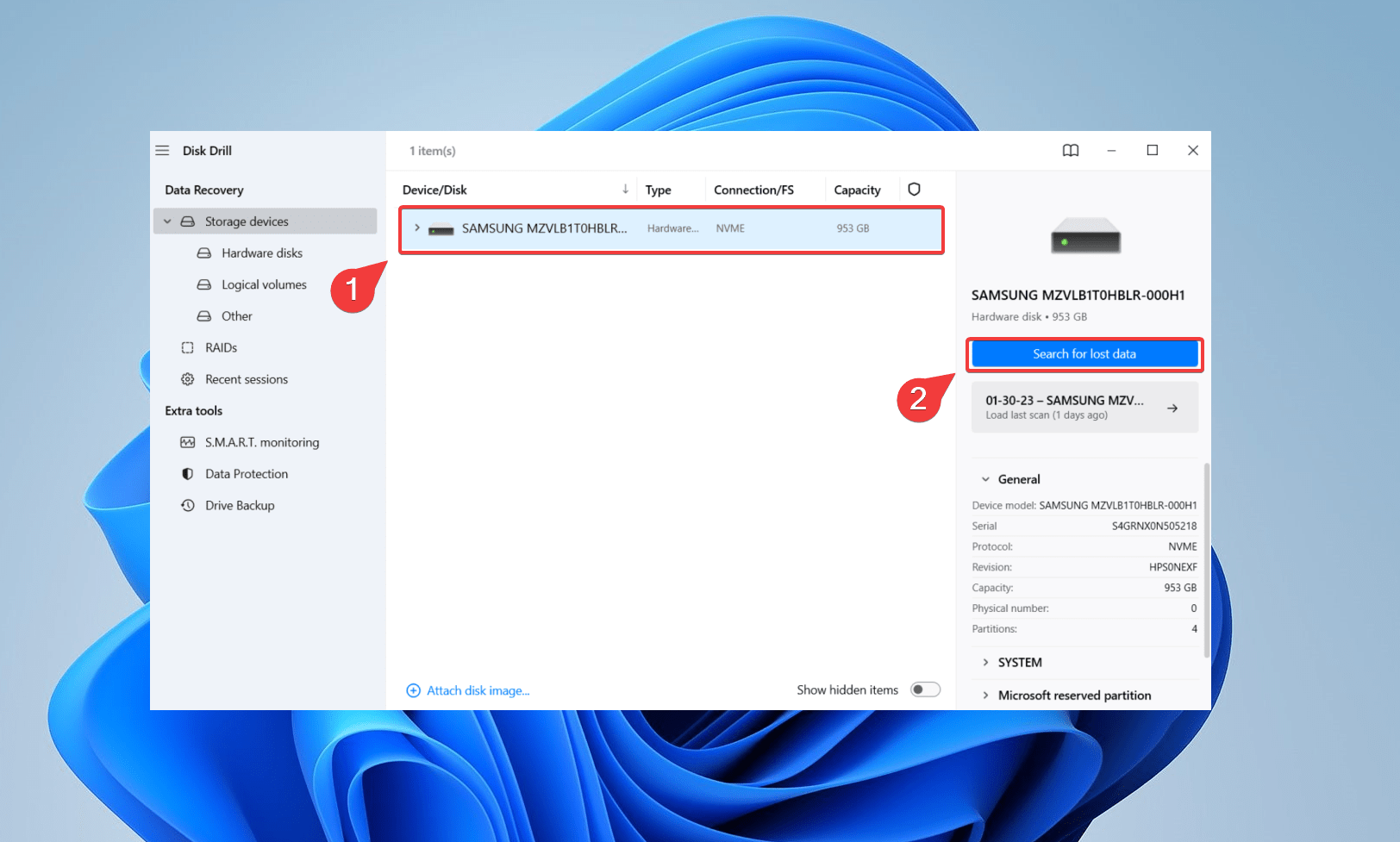 välja enhet i disk drill