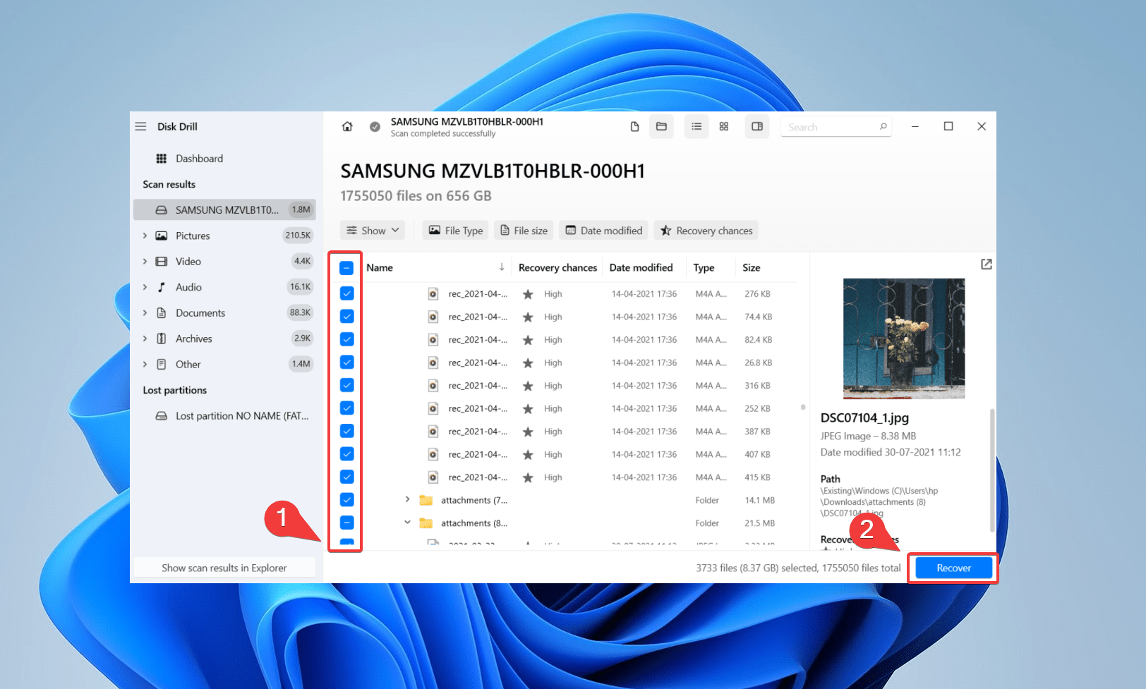välja filer för dataåterställning