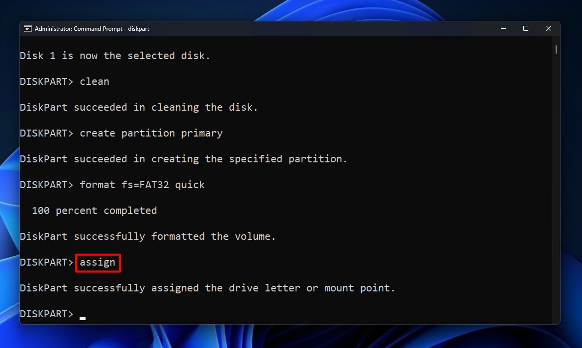 comando assign di diskpart
