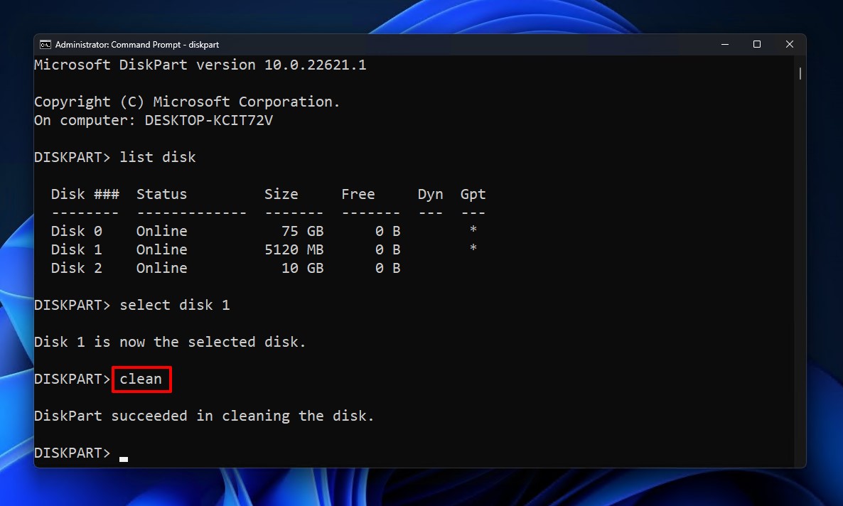 eseguire comando clean