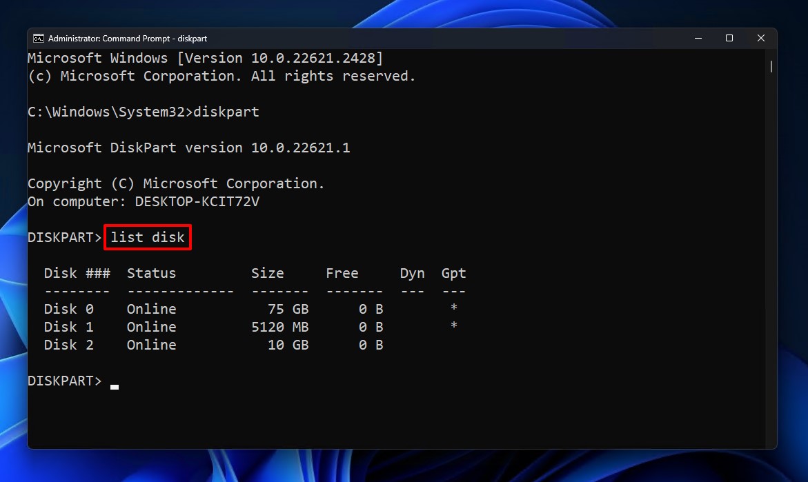 elencare dischi in diskpart