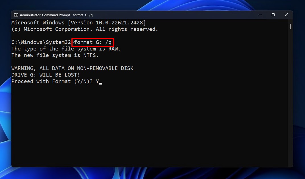 eseguire comando di formattazione