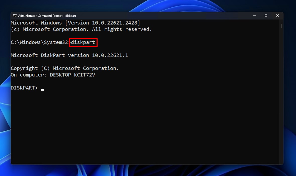 avviare utility diskpart