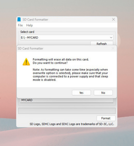 fortsett formatering av sd kort