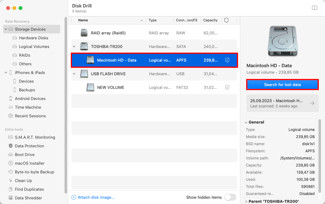 choose the hard drive which contained the deleted files
