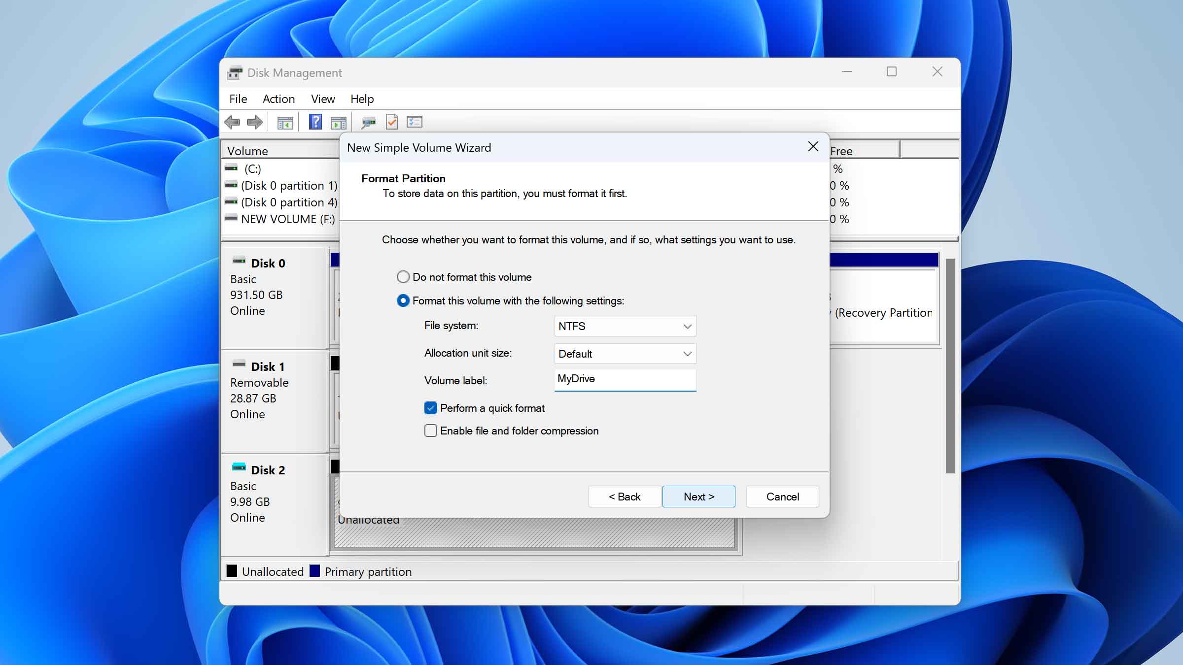 configure new partition parameters
