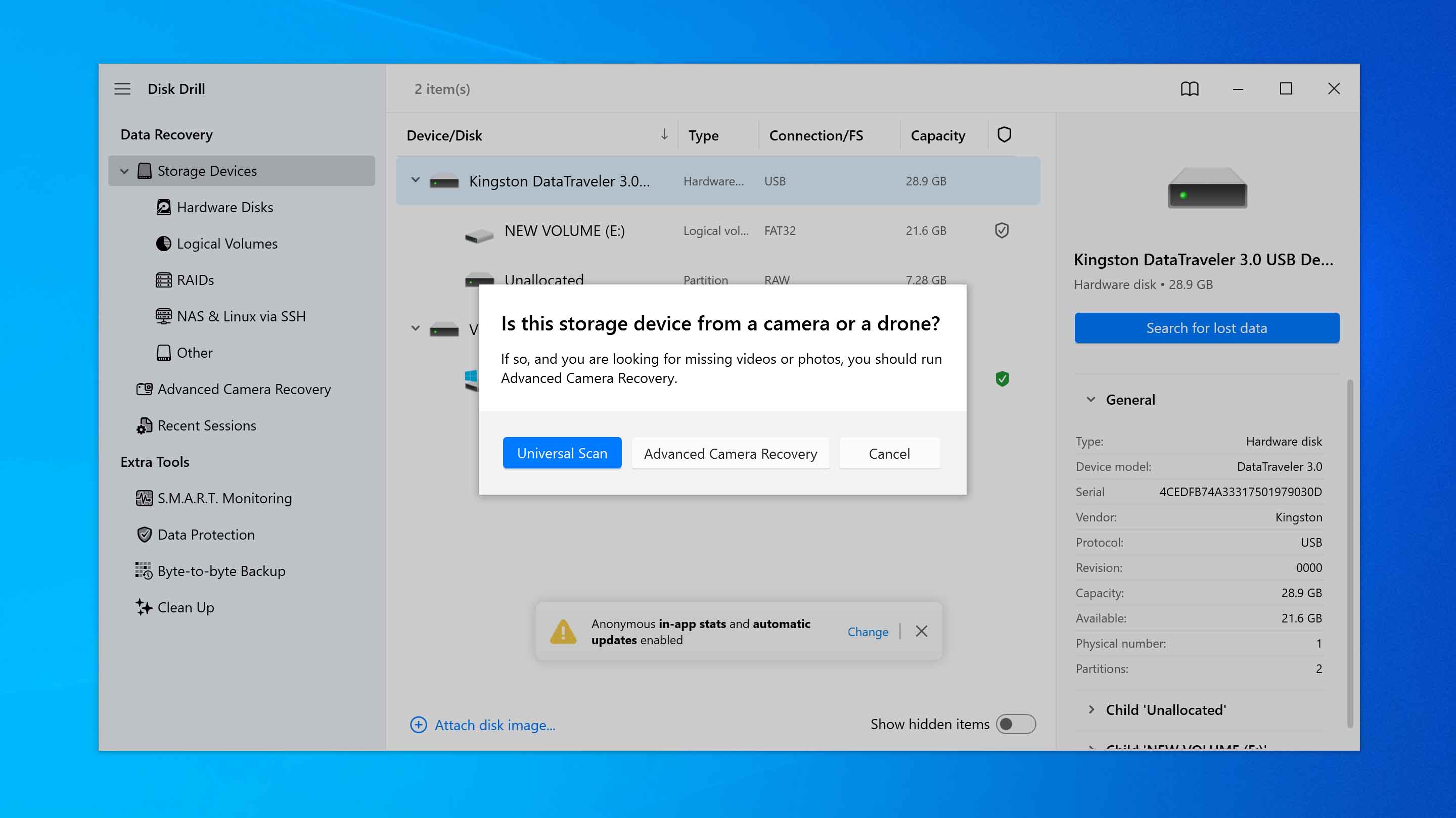 choose scan method in Disk Drill