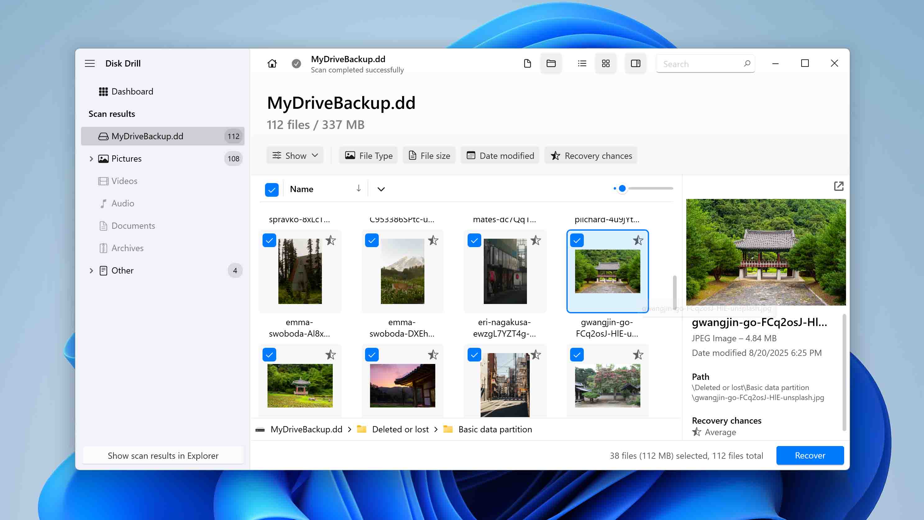 preview and select files for recovery