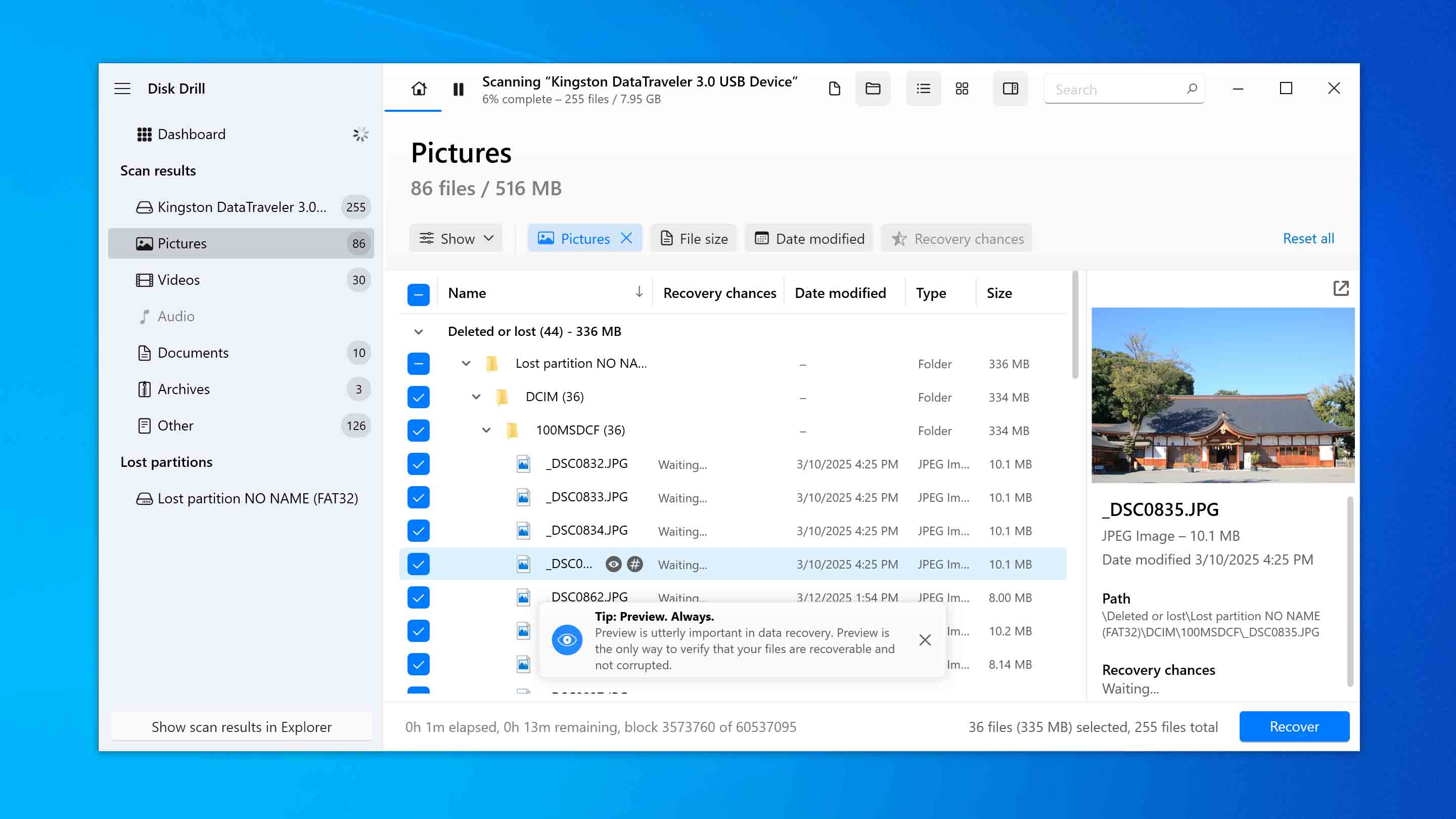 preview and select files to recover
