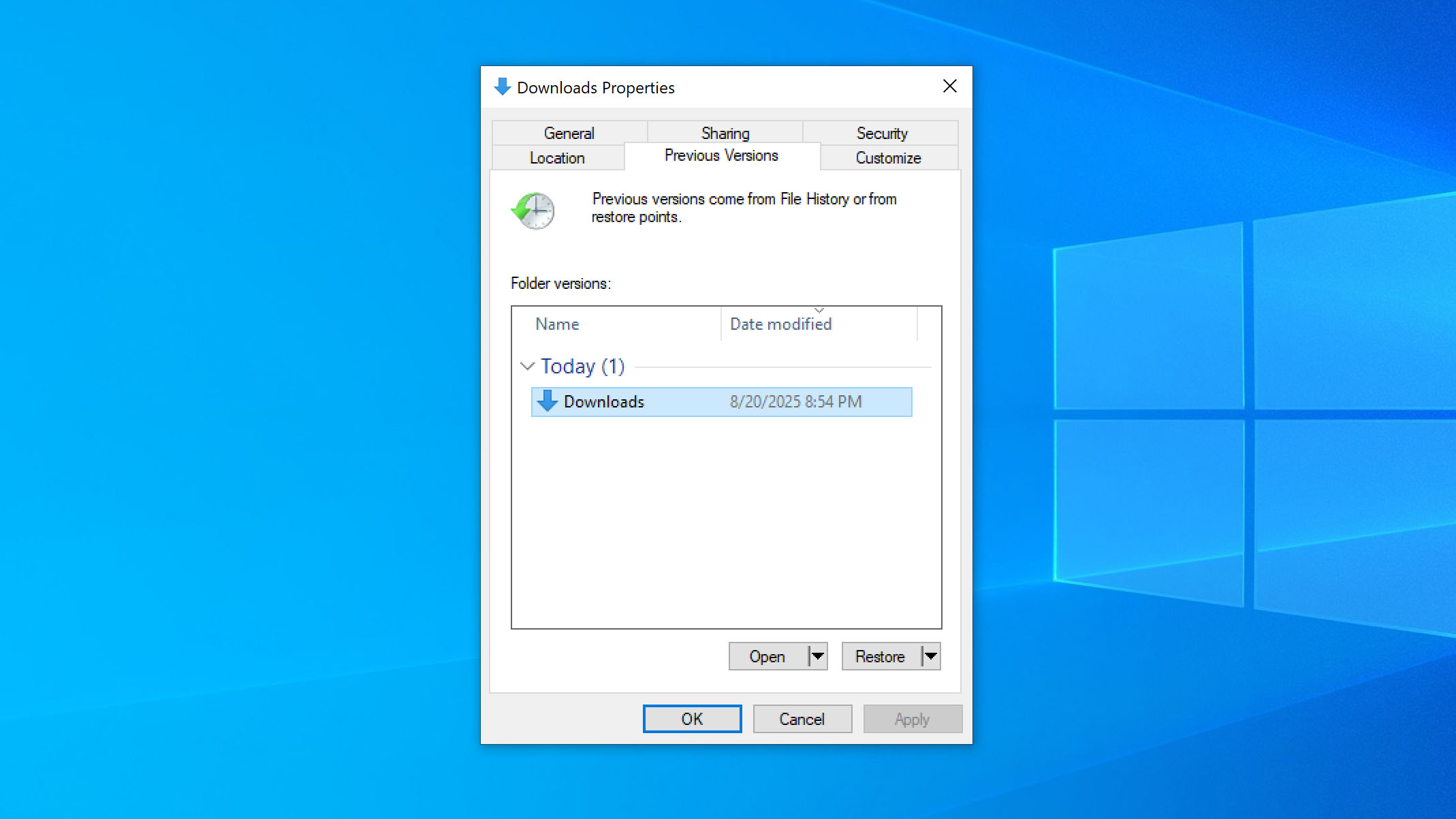 restore folder previous version