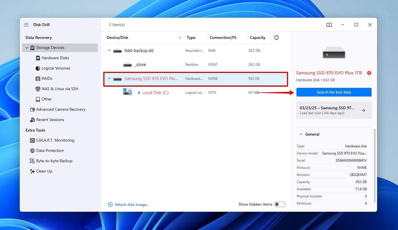 Searching for lost data on the SSD.