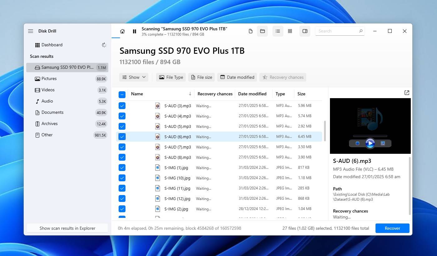 Selecting the SSD files to recover.