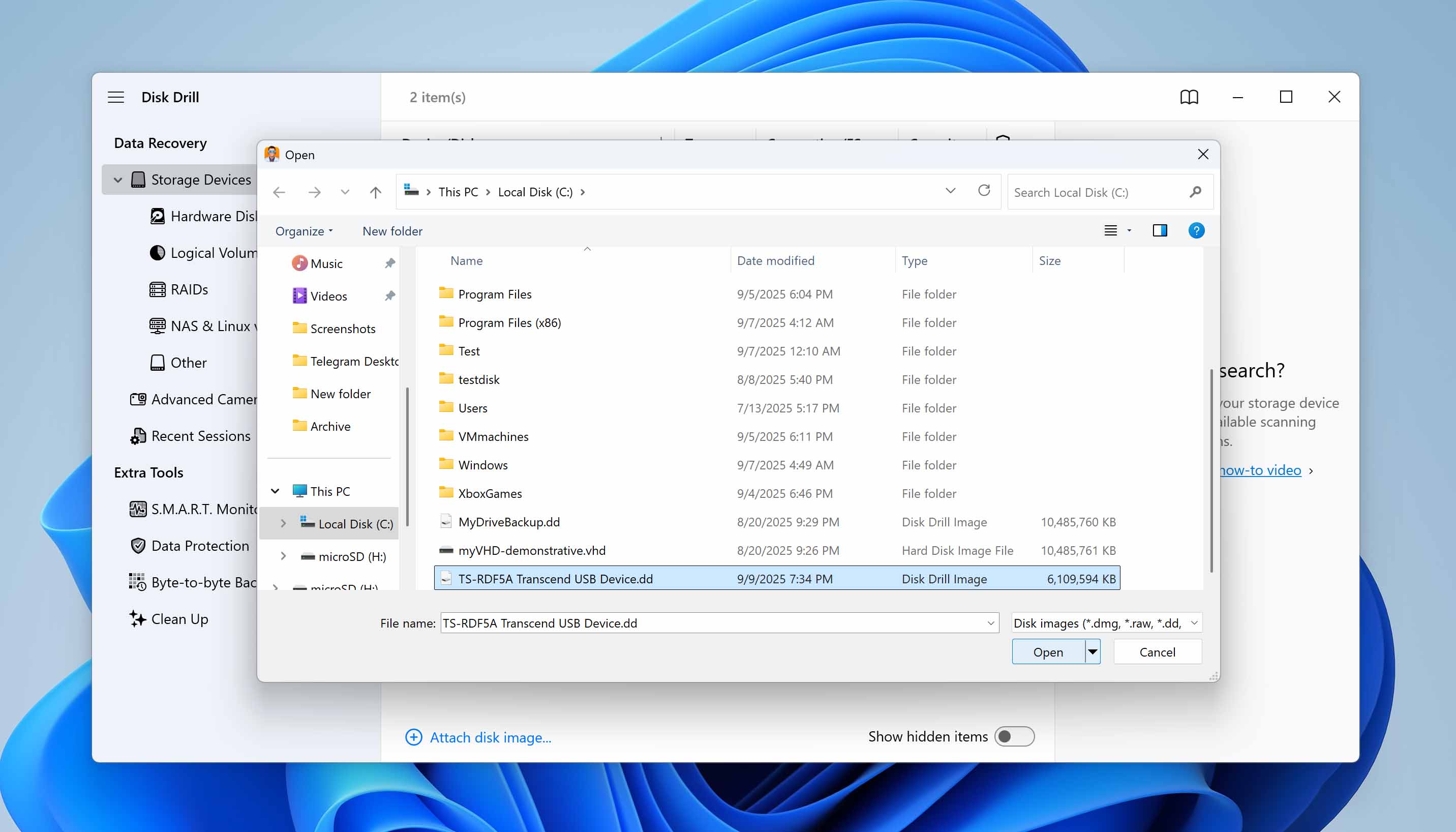 attach disk image in disk drill