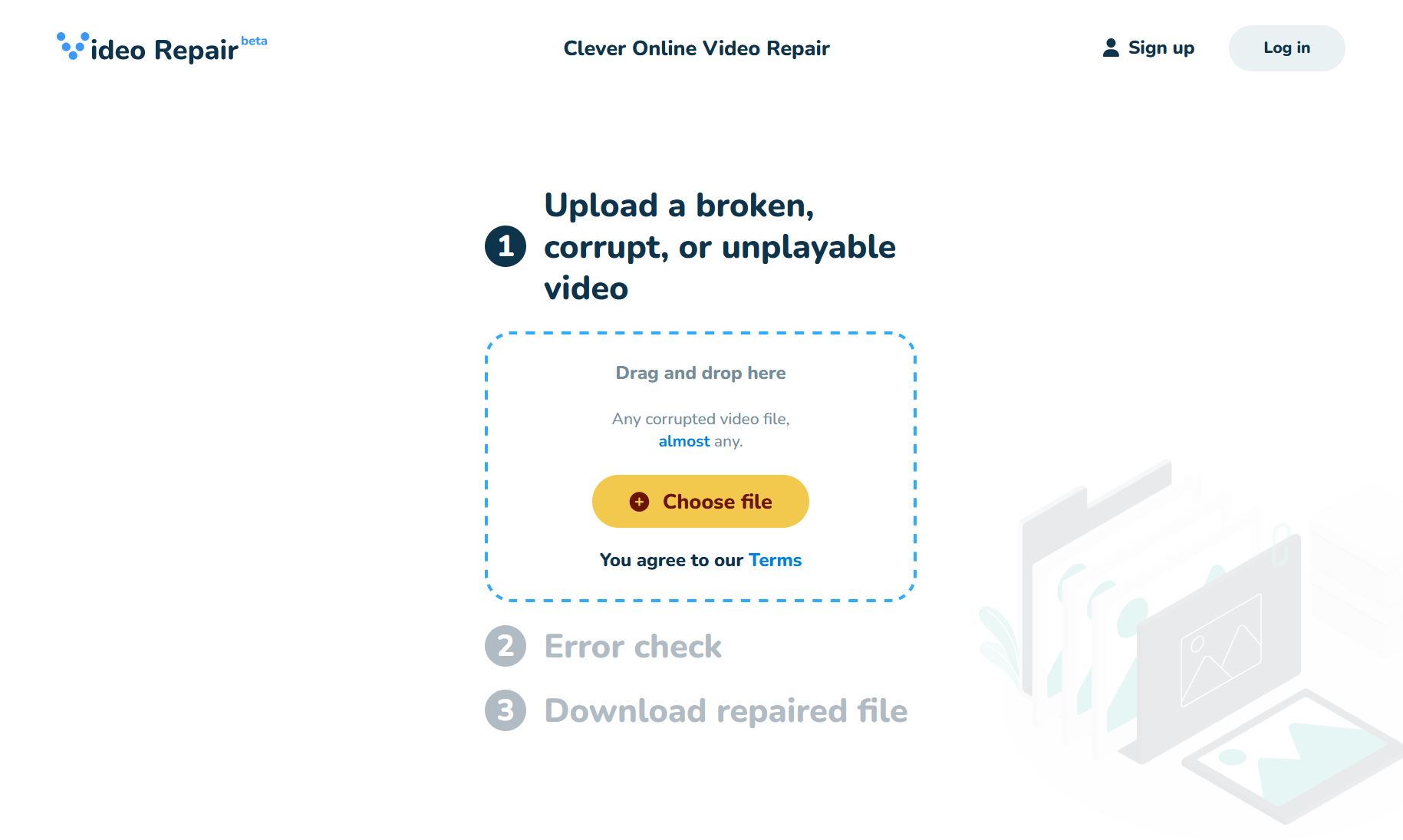Clever Video Repair Home screen.