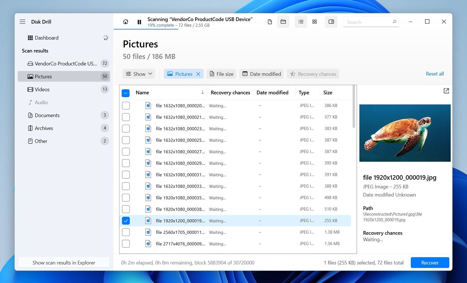Click the Recover button