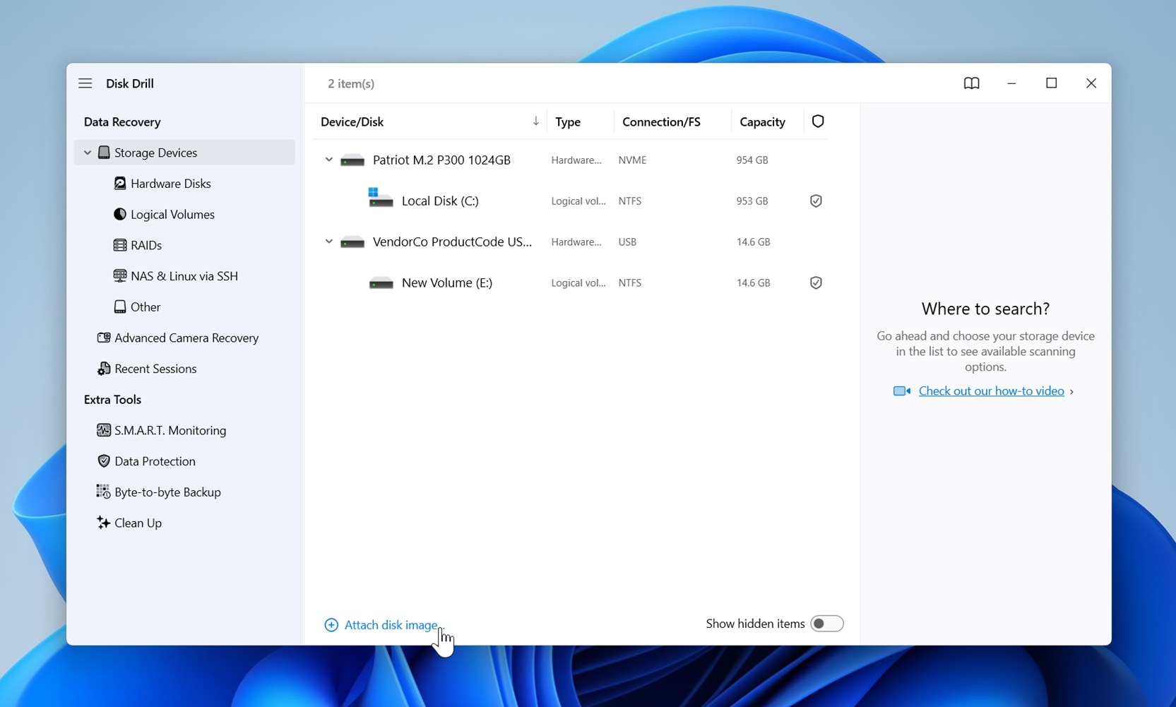 Click on the Attach disk image option