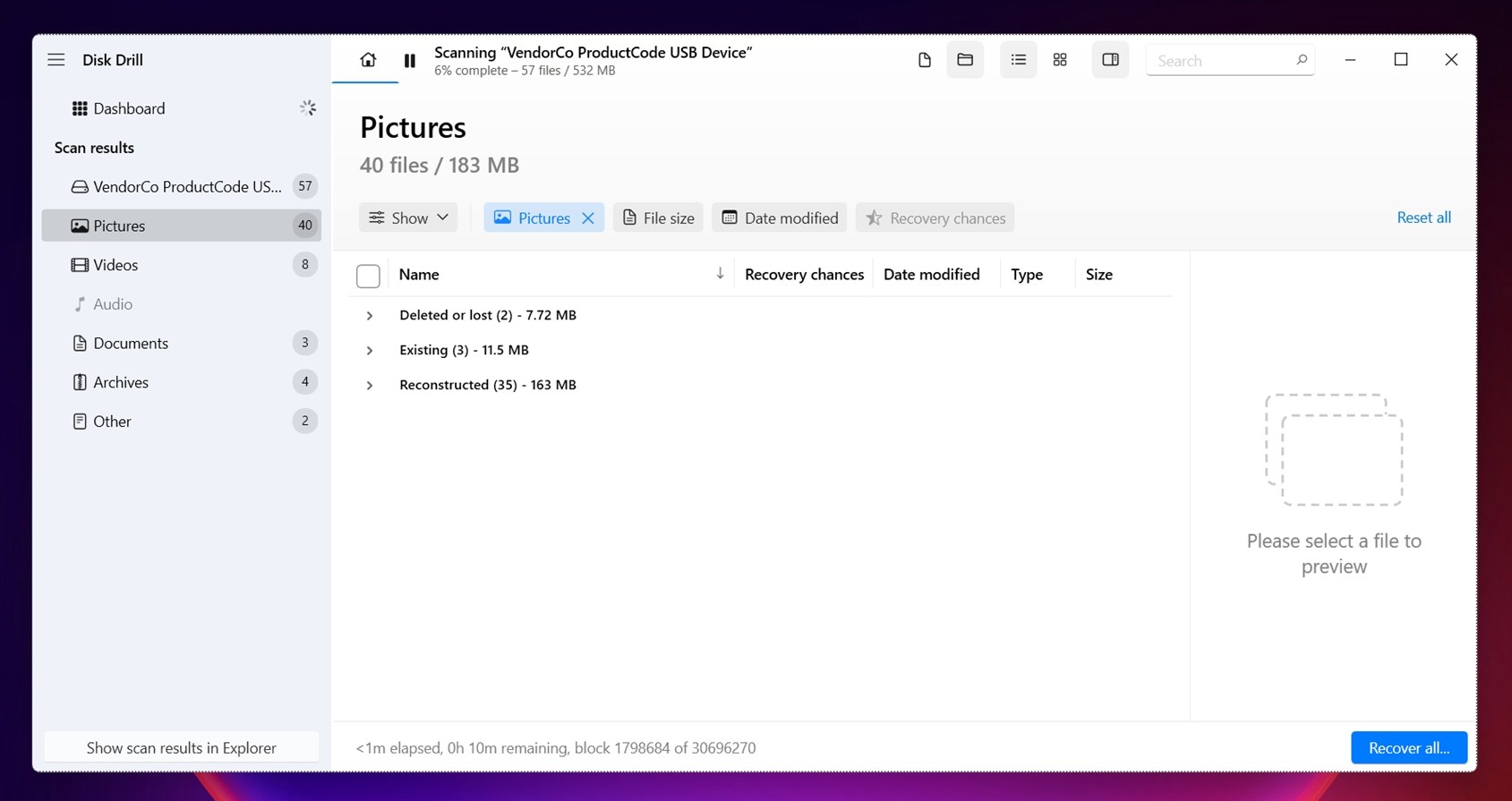 The files Disk Drill has already located
