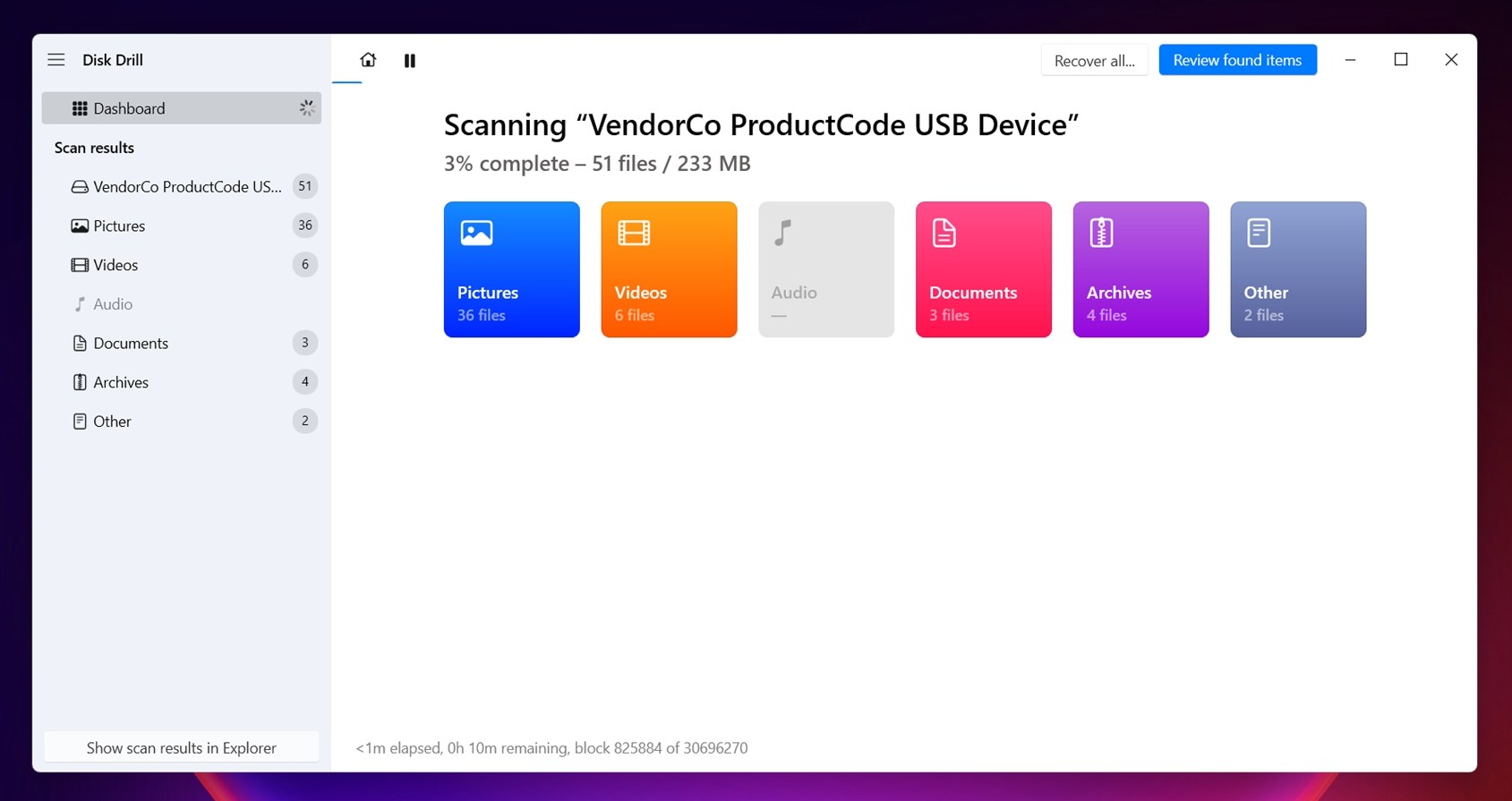 Click Review found items