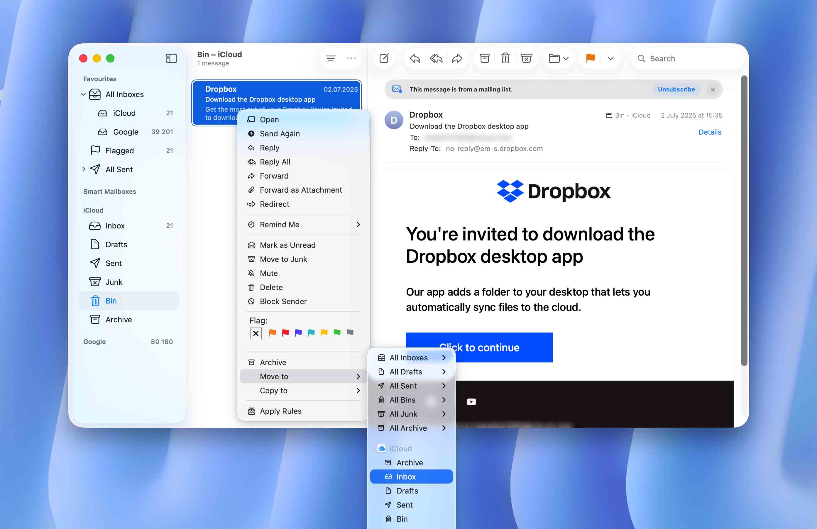 move letter from trash to inbox folder