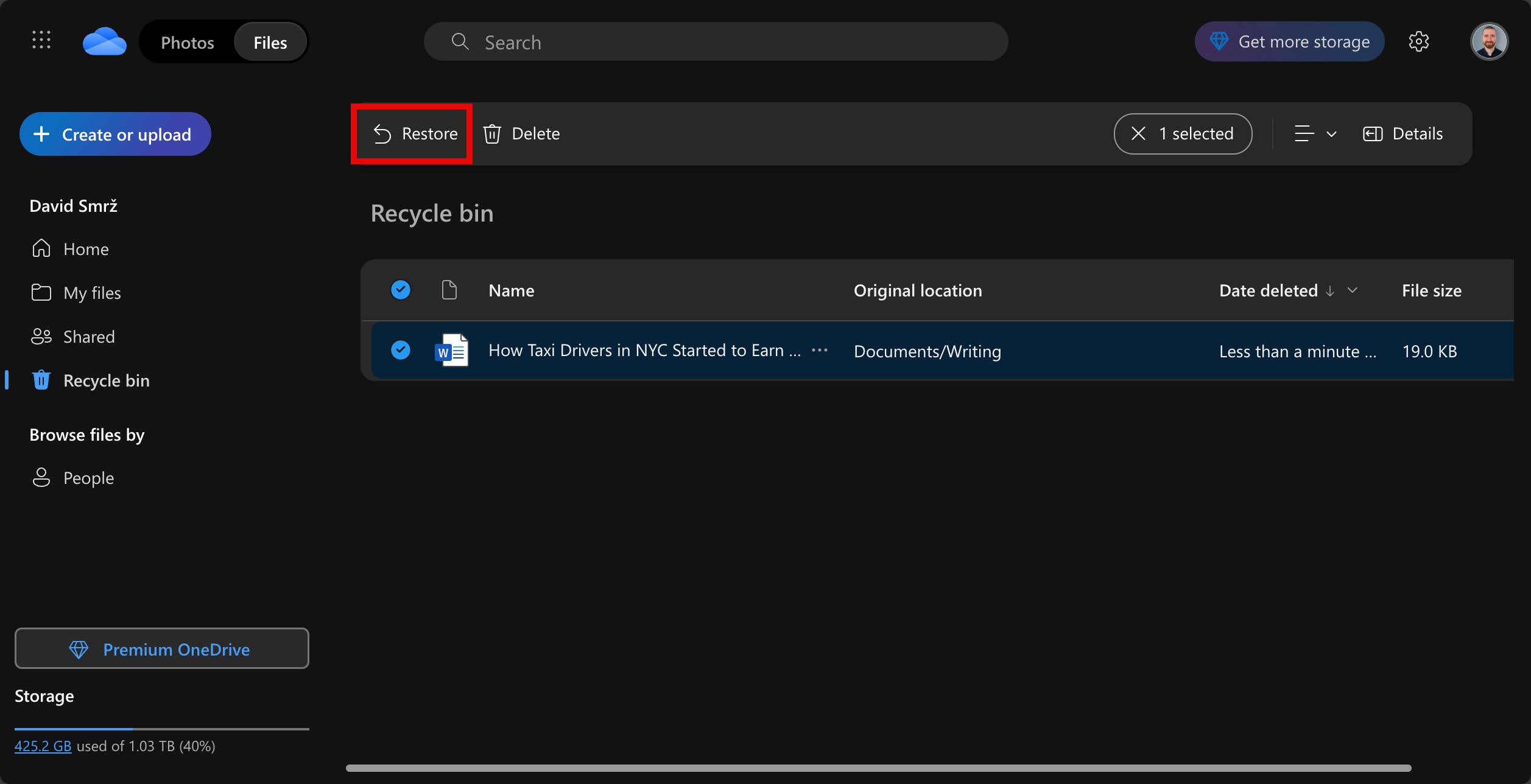 onedrive restore docx file