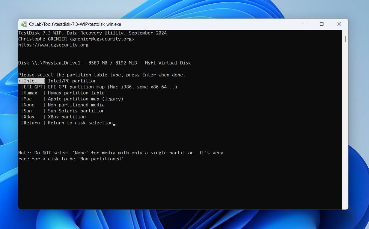Selecting a partition table type.