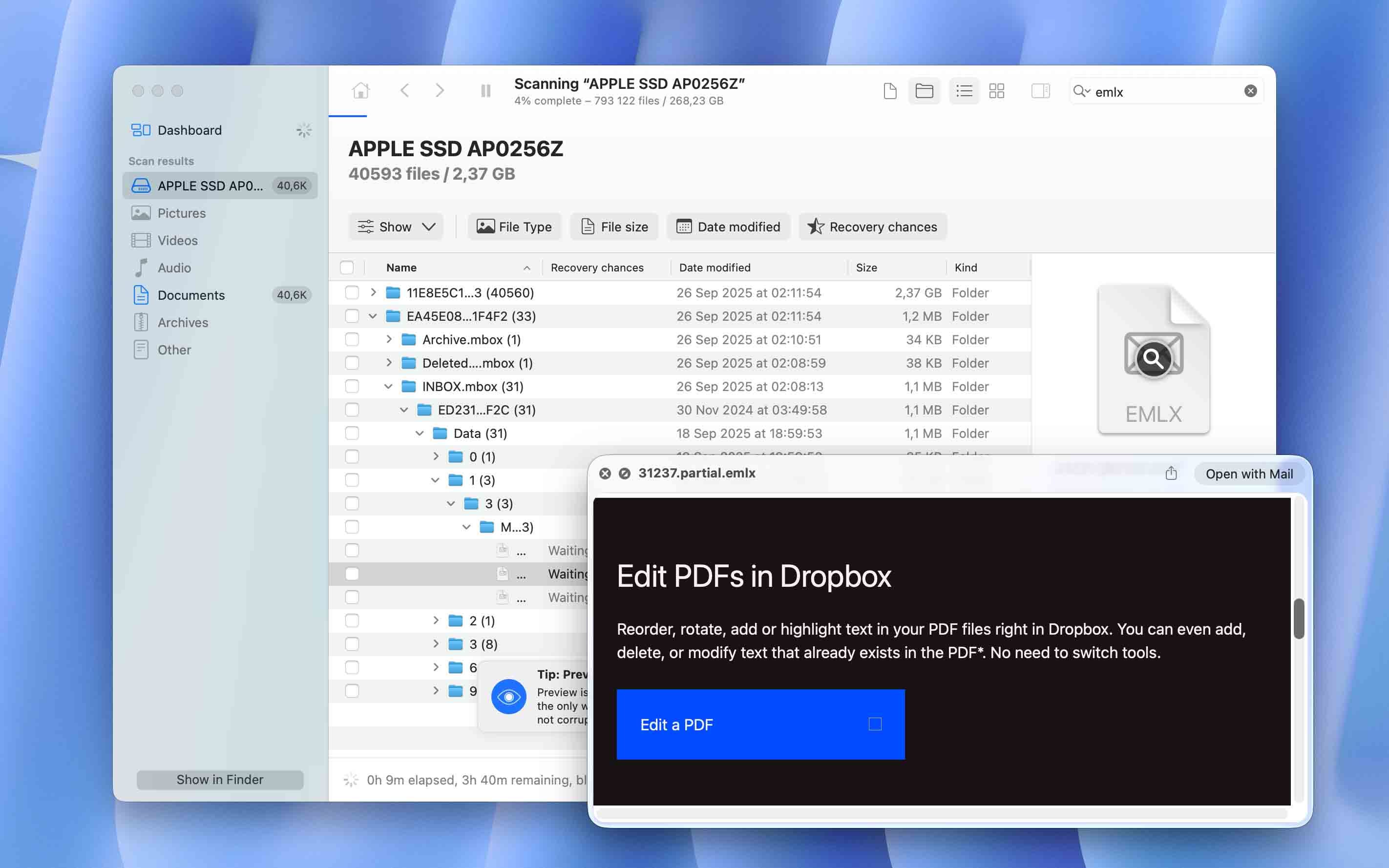 search emlx file in results and preview them
