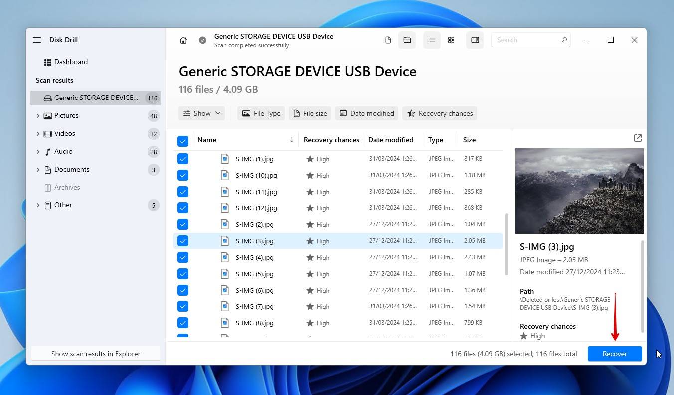 Recovering the selected files.
