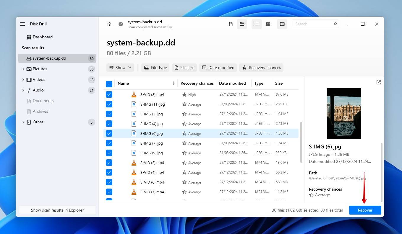 Recovering selected files.