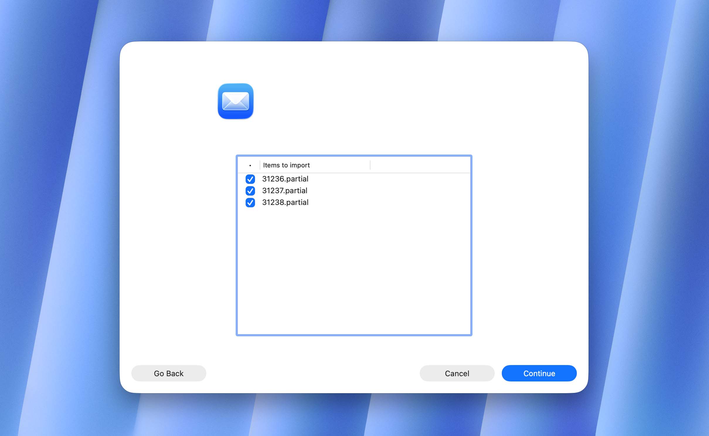 confirm mail selection and import