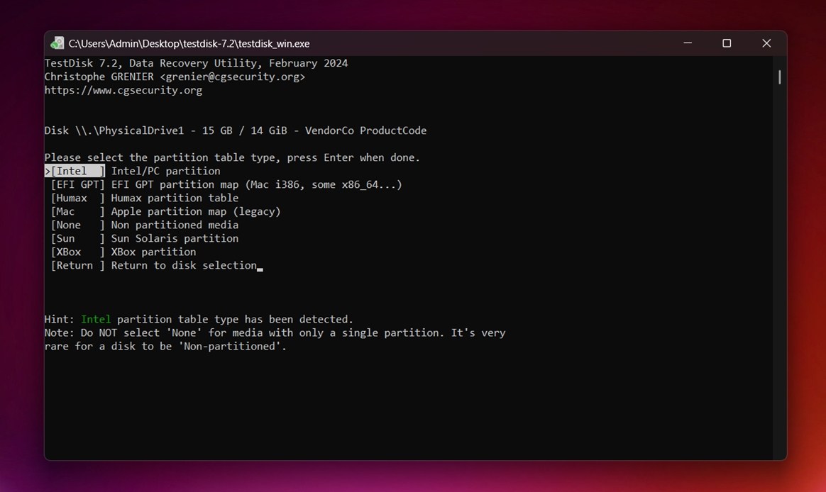 Select the partition table type