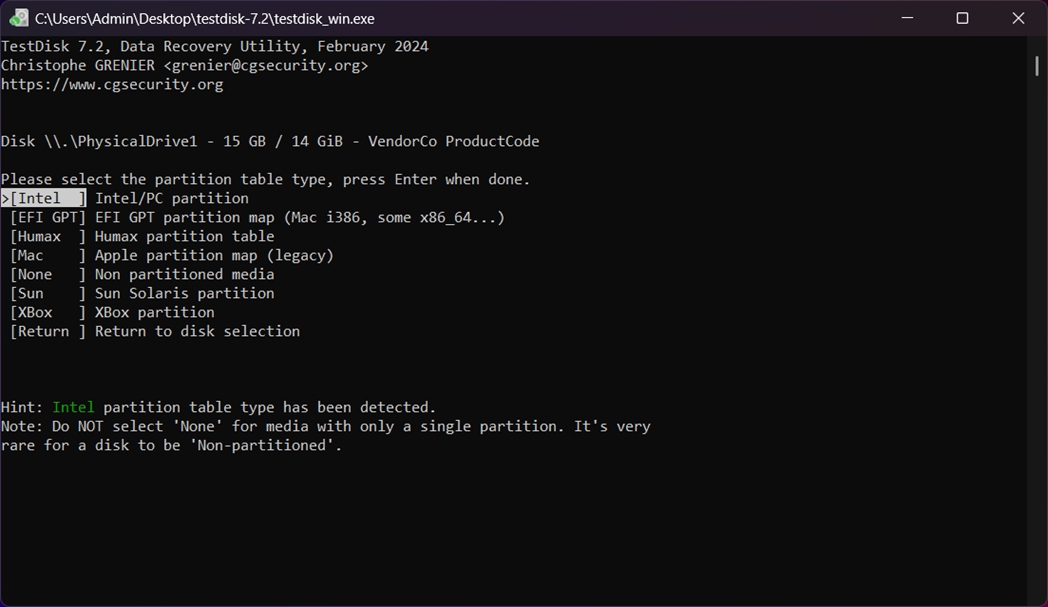 Choose the partition table type