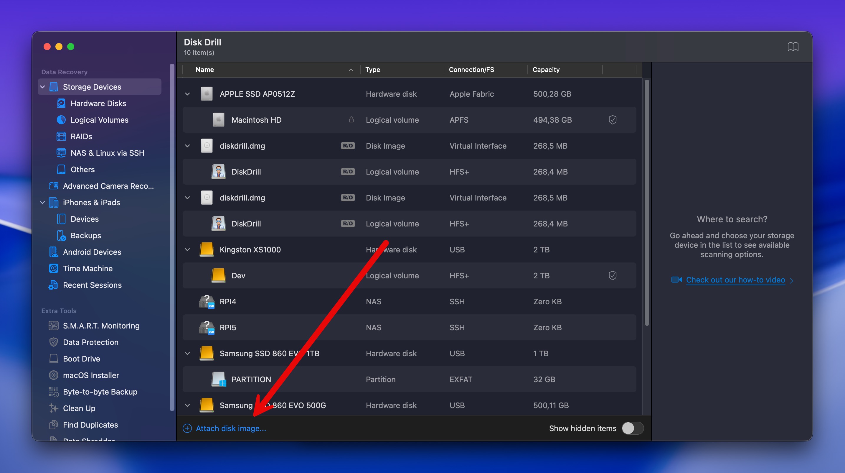 attach disk image tahoe