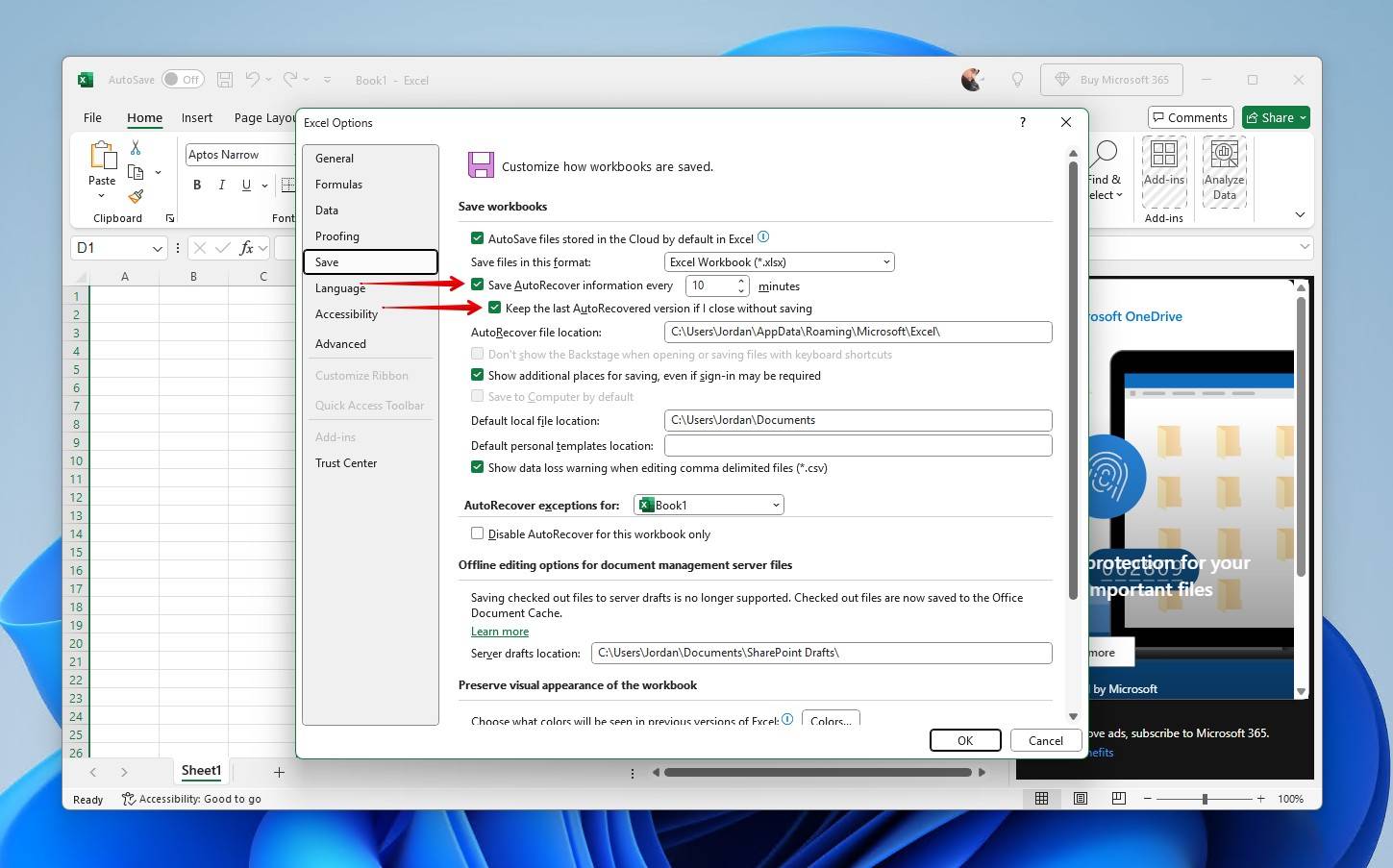 Checking the AutoRecover options.